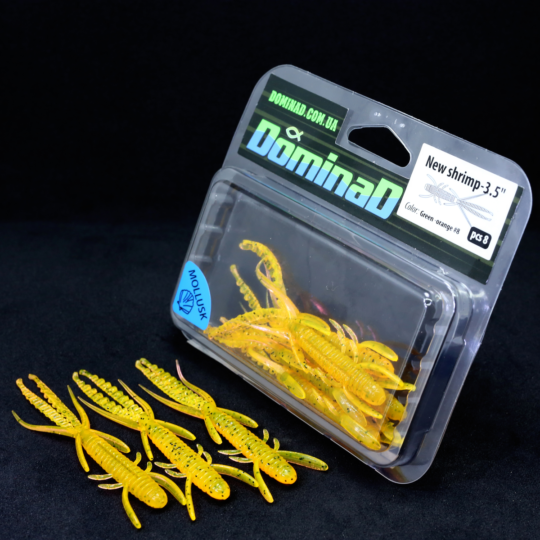 Приманка креветка New shrimp 3.5 inch (89mm) в кольорі Green-orange №8 PR39 фото
