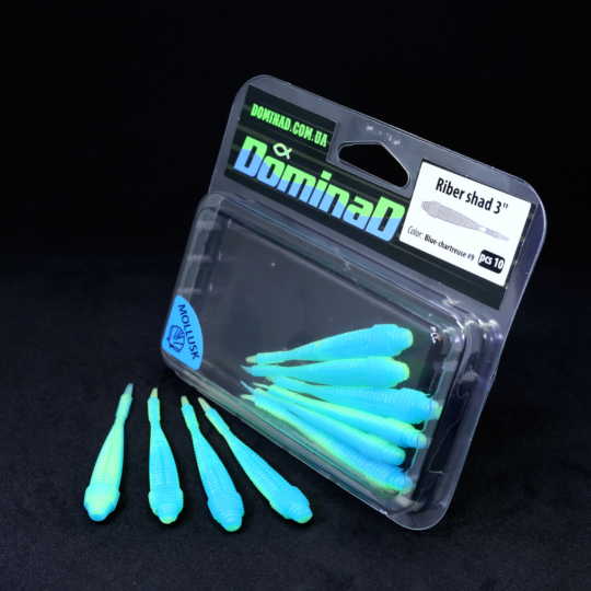 Силіконові приманки личинки (76mm) в кольорі Blue-chartreuse №9 Riber shad 3" PR54 фото