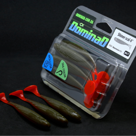 Силіконові приманки шеди (102mm) в кольорі Watermelon №12 Shiner scal 4" tail color PR154 фото
